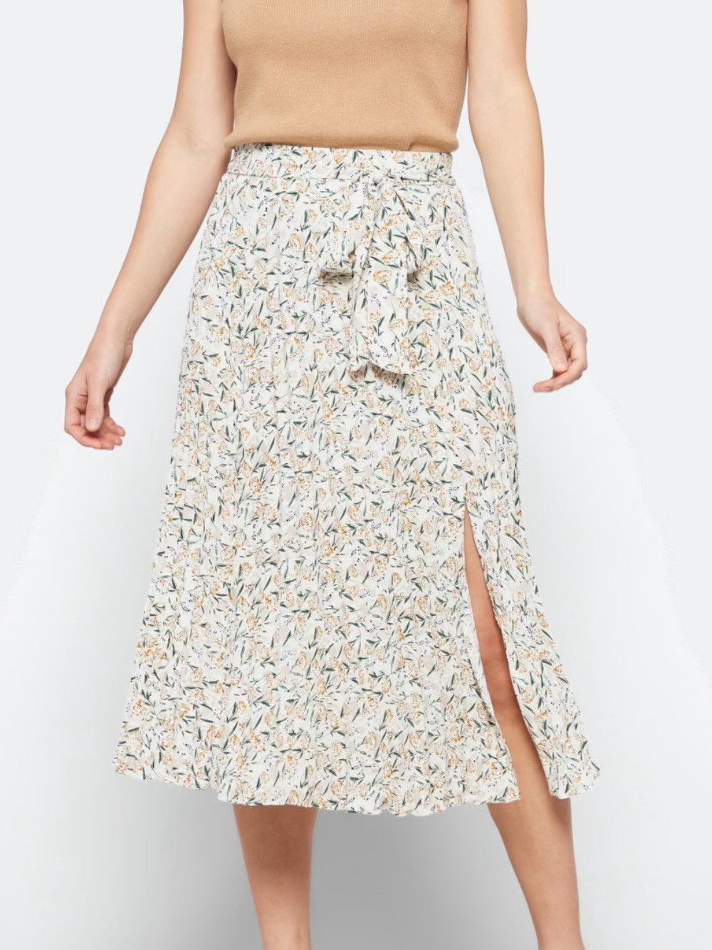 Skies Are Blue Cream Floral Tie-Waist Midi Skirt with Side Slit